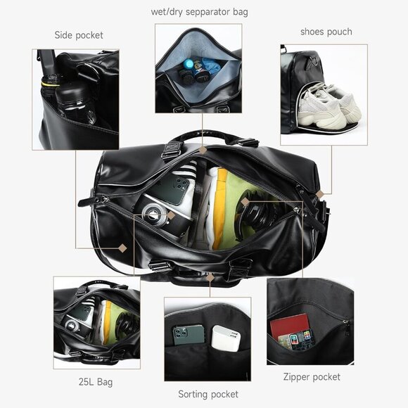 Leather Duffle Travel Gym Bag for Men with Shoe Compartment, 32L PU Leather Week - Picture 8 of 8